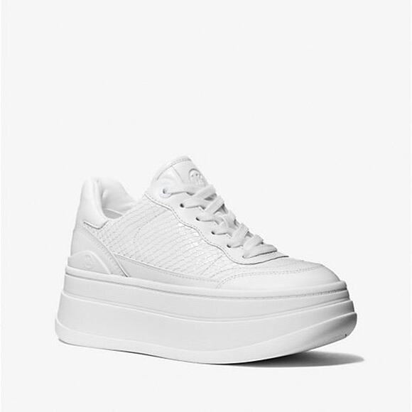 Michael Kors Hayes Snake Embossed Leather Platform Sneaker - 6 Optic White - Picture 1 of 4